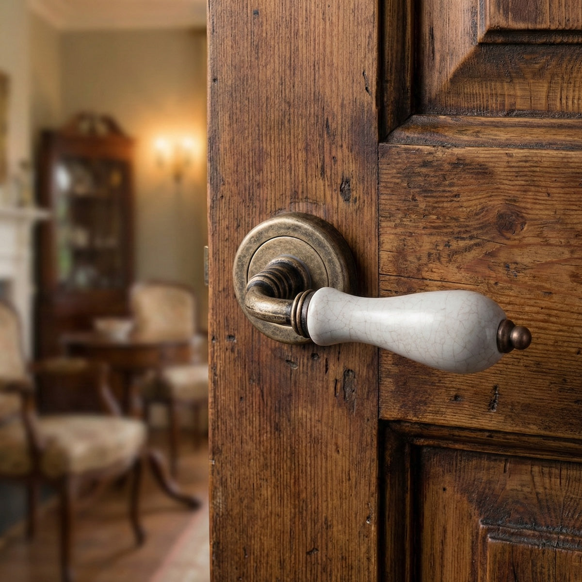 Béquille sur rosace ronde en cuir vieilli et porcelaine pour portes, modèle '4007'