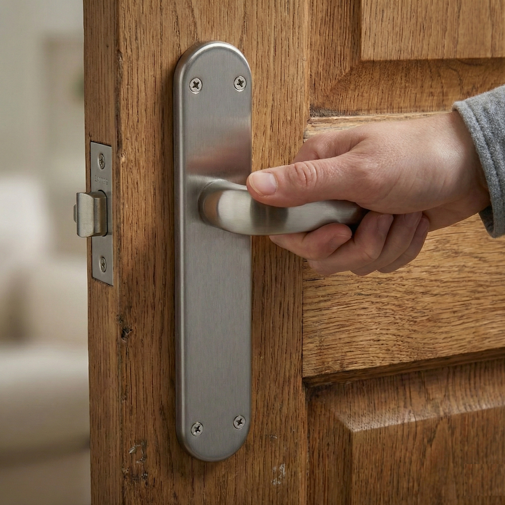 Poignée modèle '250' sur plaque ovale finition nickel satiné pour portes