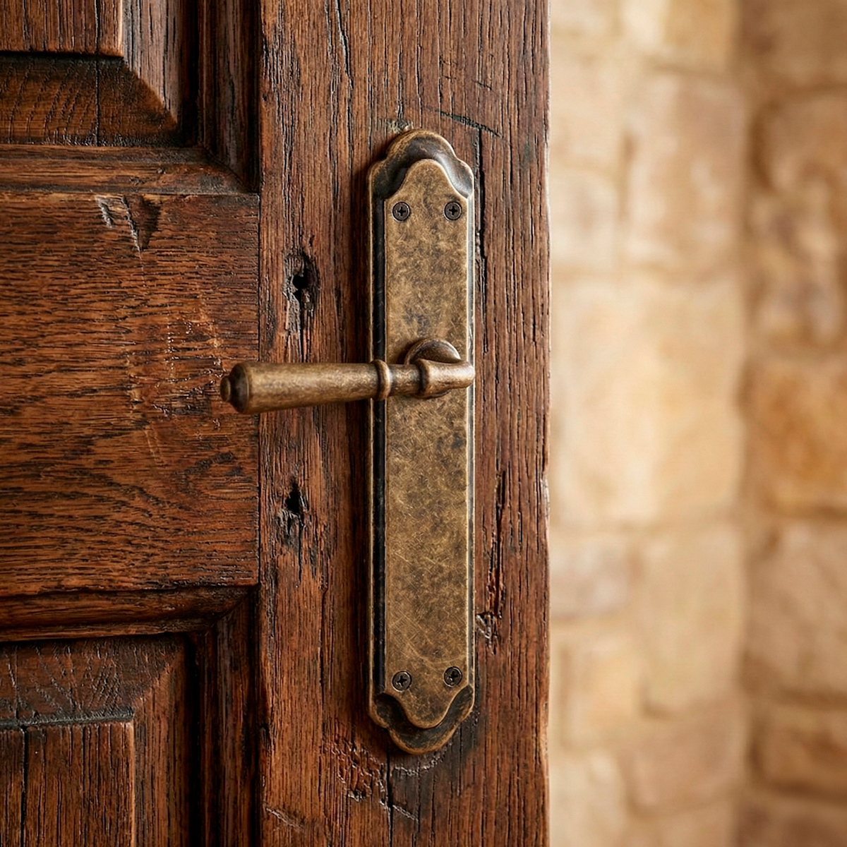Poignée modèle '507' avec plaque rustique et finition cuir vieilli pour portes