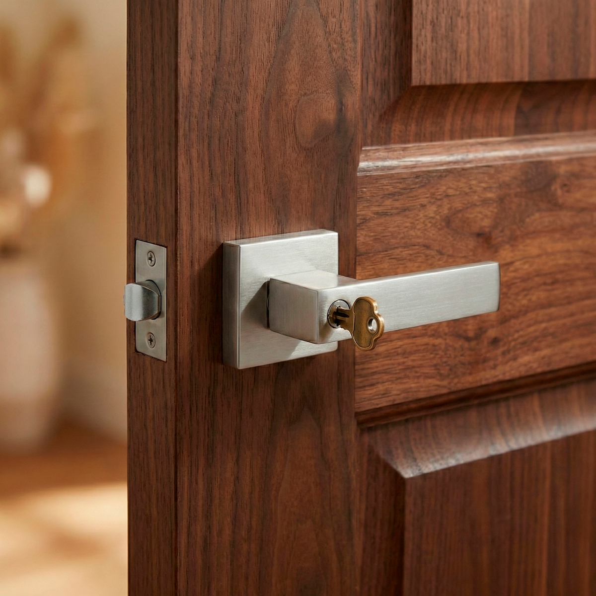 Poignée modèle Luke en finition nickel satiné avec serrure intégrée et rosace carrée pour portes d'entrée