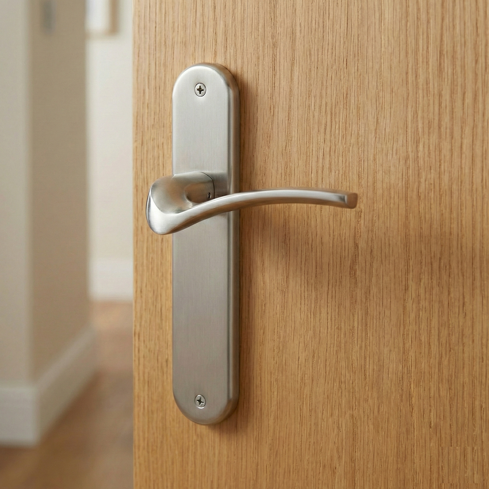 Béquille modèle '930' en zamak avec plaque ovale finition nickel satiné pour portes